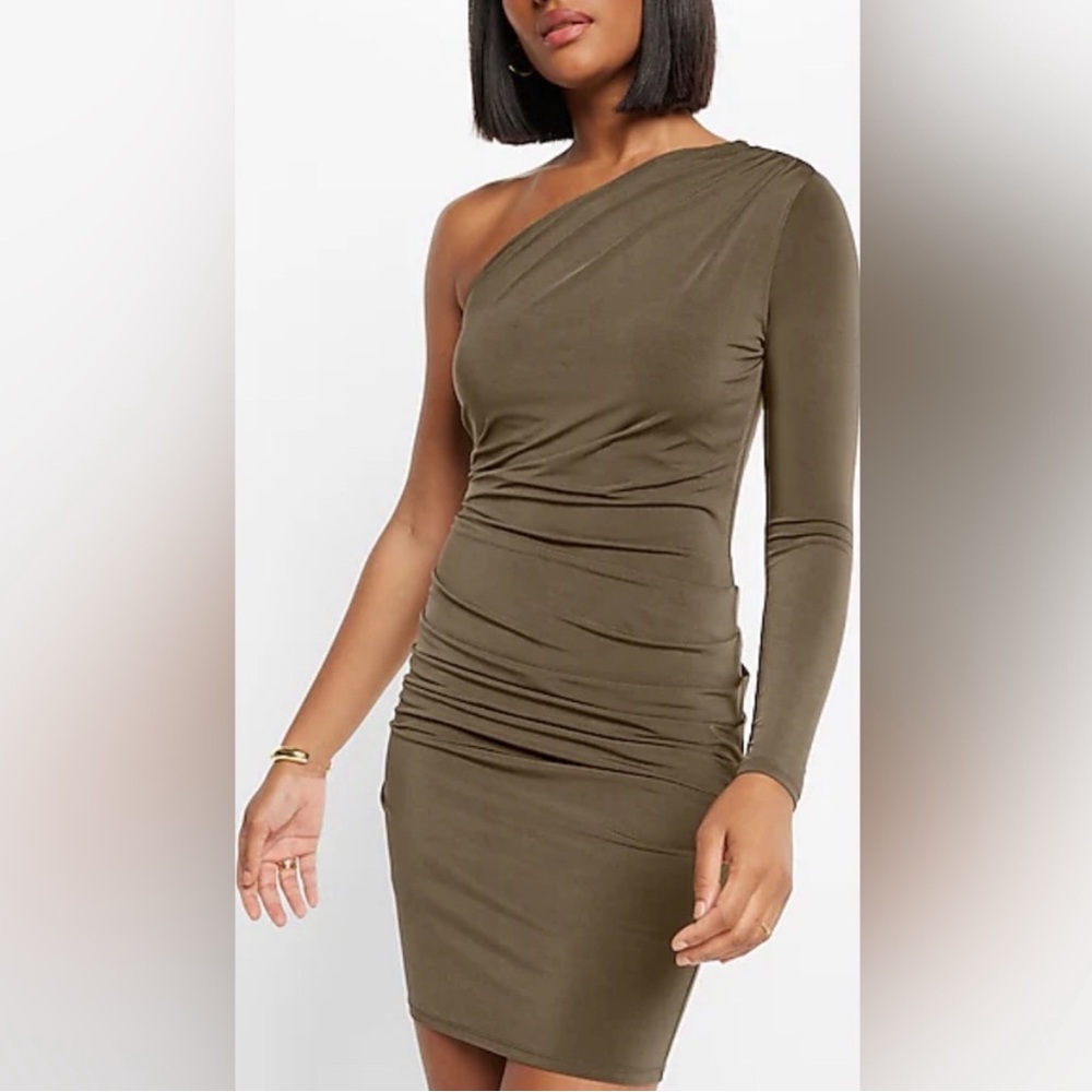 NWT Express Body Contour One Shoulder Olive Green Dress - L